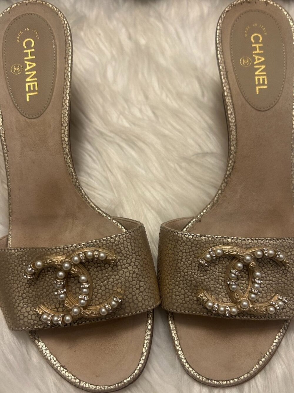 CHANEL Logo Heels, Pearl Embellished Coco Gold Texture Size 36.5, US 6-6.5